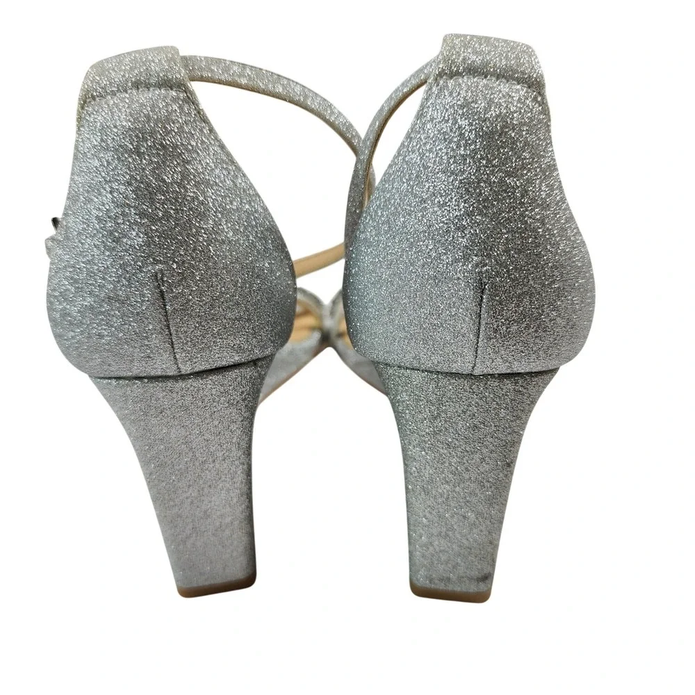 Jewel Badgley Mischka Silver Glitter Strappy Wedge Sandals Crystal Embellished 8